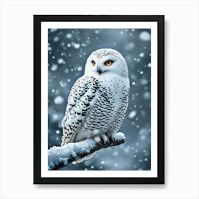 Serene Snowy Owl Perched On A Branch During A Snowstorm, Hyperrealistic Detail Art Print