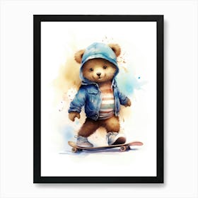 Skateboarding Teddy Bear Painting Watercolour 4 Art Print