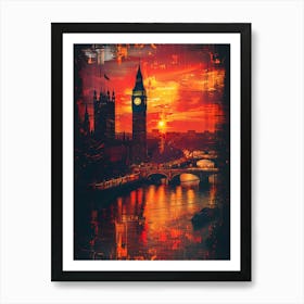 Sunset In London, Cityscape Collage Retro Art Print