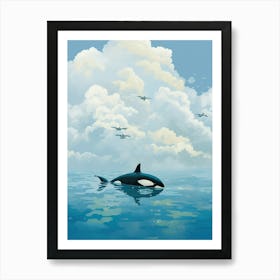 Modern Orca Whale Drawing With Clouds And Birds Art Print