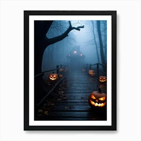 Fog Holiday Greeting Scarey Evil Dark Ominous Leaf Stripes Haunting Wood Carving Flames (15) Art Print