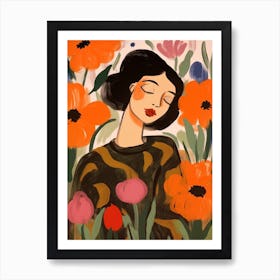 Woman With Autumnal Flowers Poppy 2 Art Print