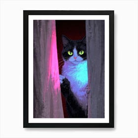 Cat Peeking Out Of Curtains Art Print
