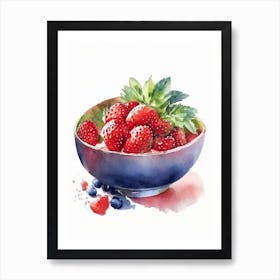 Bowl Of Strawberries, Fruit, Watercolour 1 Art Print
