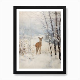 Vintage Winter Animal Painting Fawn Art Print