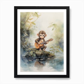 Monkey Painting Fishing Watercolour 4 Art Print