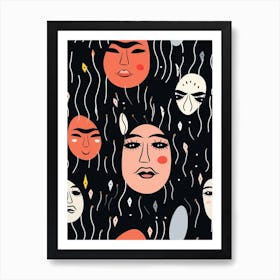 Abstract Face Drawing Black Background Art Print