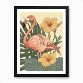 Jamess Flamingo And Tiare Flower Minimalist Illustration 2 Art Print