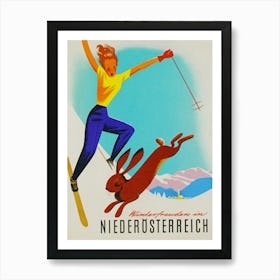 Woman Skier and Rabbit Vintage Ski Poster Art Print