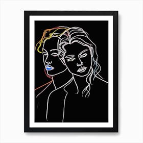 Women In Black And White Line Art Neon 2 Art Print