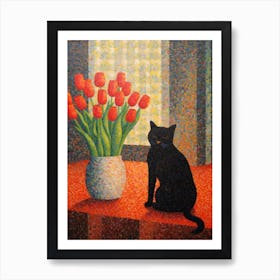 Tulips With A Cat 2 Pointillism Style Art Print
