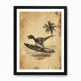 Vintage Dilophosaurus Dinosaur On A Surf Board 3 Art Print