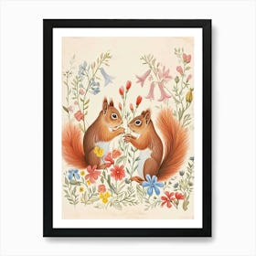 Folksy Floral Animal Drawing Squirrel Art Print