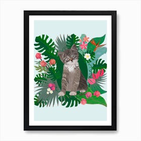 Cat And Flowers Art Print