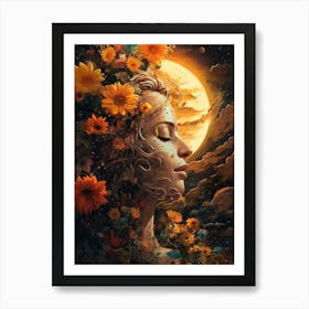 Woman With Sunflowers And Moon On Her Head 2 Art Print