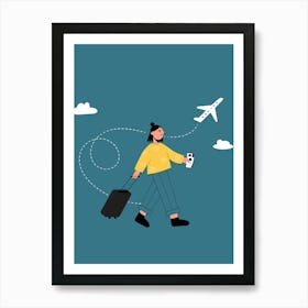 Woman With Suitcase And Airplane Art Print