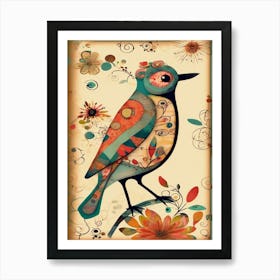 Whimsical Bird On A Branch, Colorful Highlights Art Print