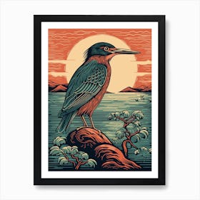 Vintage Bird Linocut Green Heron 3 Art Print