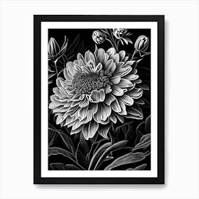 Zinnia Wildflower Linocut Art Print