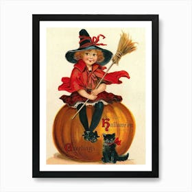 Cute Little Witch Sitting On A Pumpkin And A Black Cat Art Print