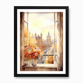 Window View Of London United Kingdom In Autumn Fall, Watercolour 2 Art Print