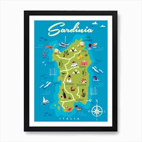 Sardinia Map Poster Green & Blue Art Print