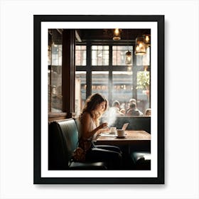 Modern Woman Engrossed In Her Tablet While Seated At A Rustic Wooden Table Inside A Bustling Urban C (6) Art Print