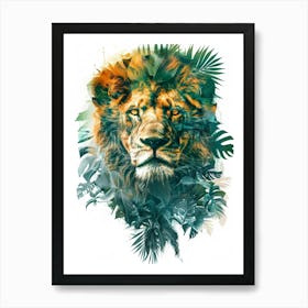 Double Exposure Realistic Lion With Jungle 36 Art Print