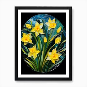 Daffodils Twist Stems Pointed Leaves Yellow Strokes Green 7 Art Print