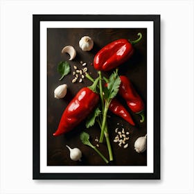 Hot Peppers On A Wooden Table Art Print