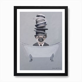 Pug With Stacked Hats In Bathtub Art Print