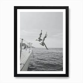 Black And White Ocean Jump Sail Boat, Women Jumping Into Water Art Print