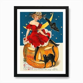 Halloween Greetings, Young Witch Sitting On A Pumpkin, Her Black Cat And A Flying Bat Art Print