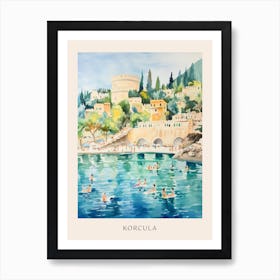 Swimming In Korcula Croatia Watercolour Poster Art Print