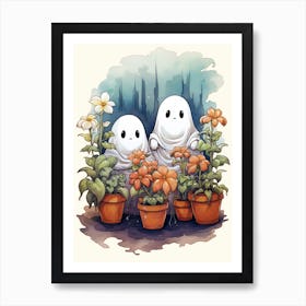 Cute Bedsheet Ghost, Botanical Halloween Watercolour 149 Art Print
