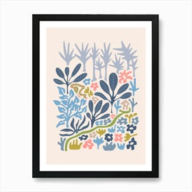 SNAKE IN THE GRASS-1 Abstract Tropical Floral Botanical with Jungle Palm Trees and Flowers in Pastel Pink Blue Green and Gray Art Print