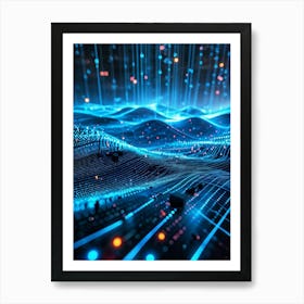 Abstract Cyber Security Theme With Geometric Dots And Lines Forming A Network Like Grid Blue And N (3) Art Print