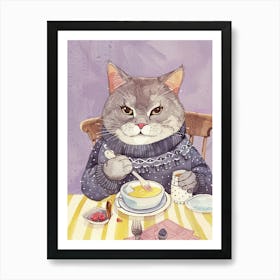 Grey Cat Having Breakfast Folk Illustration 6 Art Print