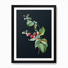 Vintage Red Berries Botanical Watercolor Illustration on Dark Teal Blue Art Print