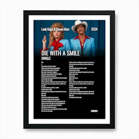 Die with a Smile - Lady Gaga & Bruno Mars - Lyrics Poster Art Print