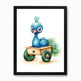 Baby Peacock On A Toy Car, Watercolour Nursery 1 Art Print