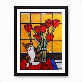 Tulips With A Cat 3 De Stijl Style Mondrian Art Print