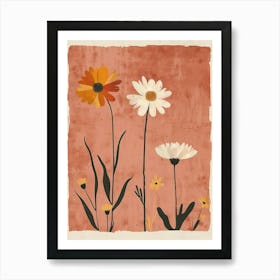 Set Of 4 Simple Hand Drawn Daisies On Pink Paper 07 Art Print