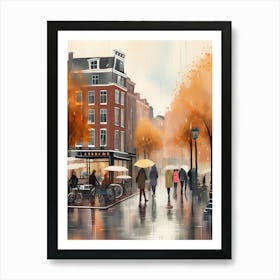 Amsterdam cafes, autumn season, rain, autumn oil colours.Faded colours,People passing on the street, winter clothes, rain umbrellas.9 3 Art Print