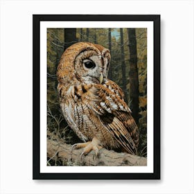 Tawny Owl Relief Illustration 1 Art Print