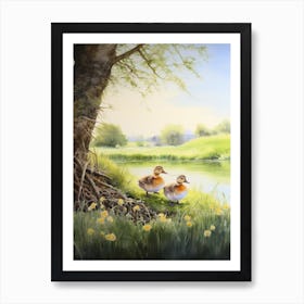 Ducklings In The Meadow Watercolour Art Print