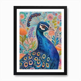Colourful Folk Inspired Peacock Portrait 4 Art Print