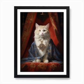 White Royal Cat On Red Throne Art Print