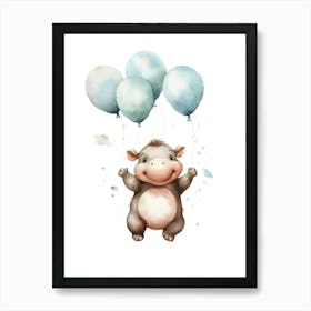 Baby Hippopotamus Flying With Ballons, Watercolour Nursery Art 3 Art Print