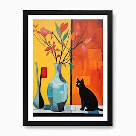 Bird Of Paradise Flower Vase And A Cat, A Painting In The Style Of Matisse 1 Art Print